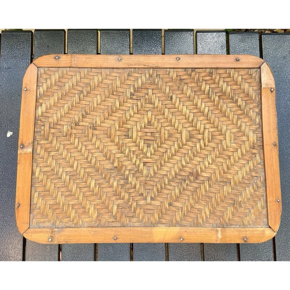 Vintage Bentwood Bamboo Rattan Sewing Box Woven Lid Storage Basket Japan 14”